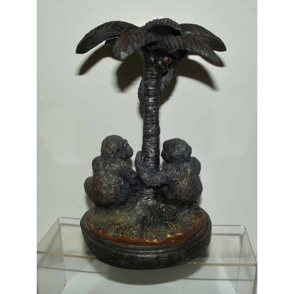 2 Monkies Figurine Under Palm Tree Statue 8" monkey bronze color chalk or resin? - Picture 5 of 9